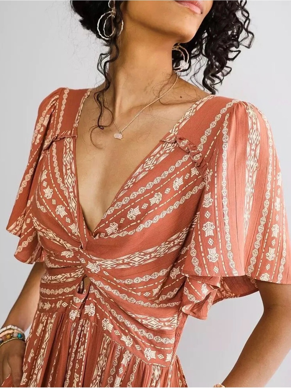 Angie Rust and Cream Printed V-Neck Flutter Sleeve Mini Dress